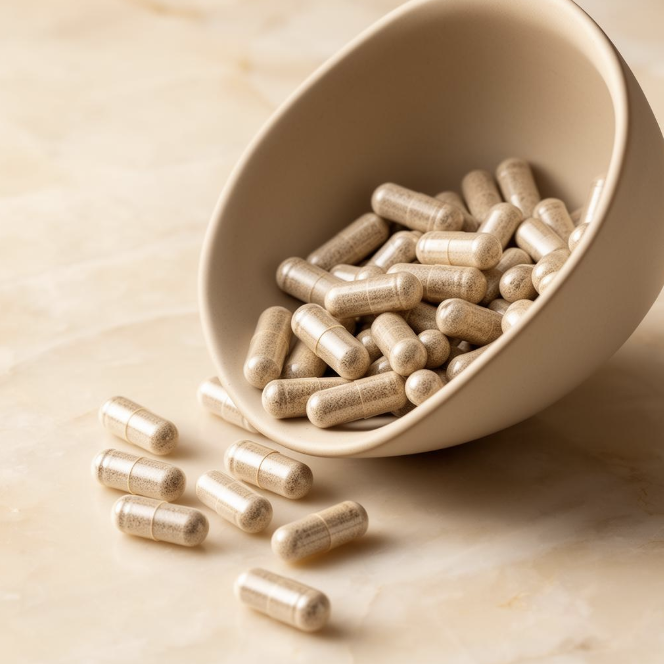 Natural Skinty capsules spilling from a ceramic bowl on warm marble