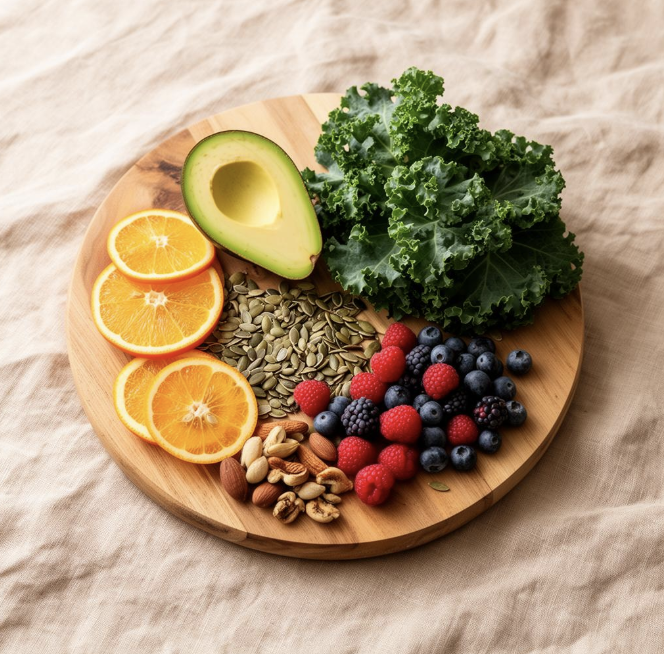 Colorful whole foods on a wooden board - avocado, oranges, kale, berries and seeds